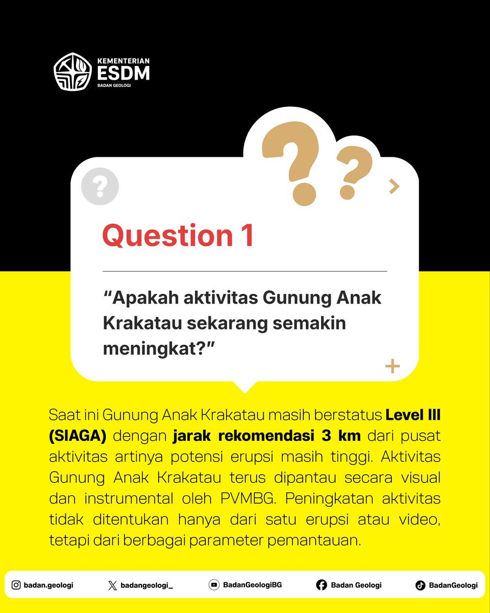 badangeologi_'s tweet photo. Sobat Geologi,

Banyak banget nih pertanyaan yang masuk ke admin berkaitan dengan Erupsi Gunung Anak Krakatau. Untuk tau informasi lebih jauh mengenai Gunung Anak Krakatau, simak yuk QnA berikut! Jangan panik dulu ya, sobat!  

Buat teman-teman yang masih penasaran dan memiliki pertanyaan, bisa tulis di kolom komentar ya!

#EnergiKita #MasaDepanKita #MitigasiBencana #GunungApi #Erupsi #AnakKrakatau