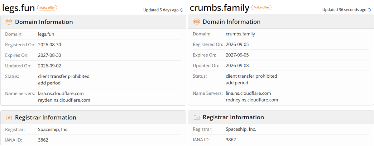 moondain's tweet photo. Is it a coincidence that @legsdotfun and @crumbsfamily domains are on same registrar?

My guts are telling me that $CRUMBS is going to pull another $LEGS scam on Robinhood.

Protect your funds. Be vigilant. https://t.co/Eghj6oph8G
