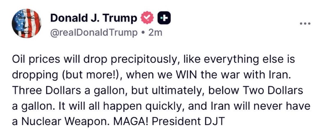 WHGrampaQ's tweet photo. 🚨 President Trump just made a promise to every American. $3 dollars a gallon then below $2 dollars

THIS IS EXACTLY WHAT I VOTED FOR https://t.co/2JS62xDpfS