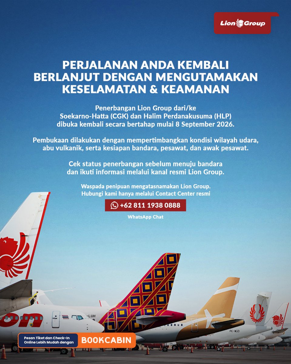SuperAirJet's tweet photo. Mulai 8 September 2026, Lion Group secara bertahap kembali melayani penerbangan dari/ke Jakarta melalui Bandara Internasional Soekarno-Hatta (CGK) &amp; Bandara Internasional Halim Perdanakusuma (HLP) dengan tetap mengutamakan keselamatan dan keamanan. Sampai jumpa di penerbangan! ✈️ https://t.co/Znxqf2MUQk