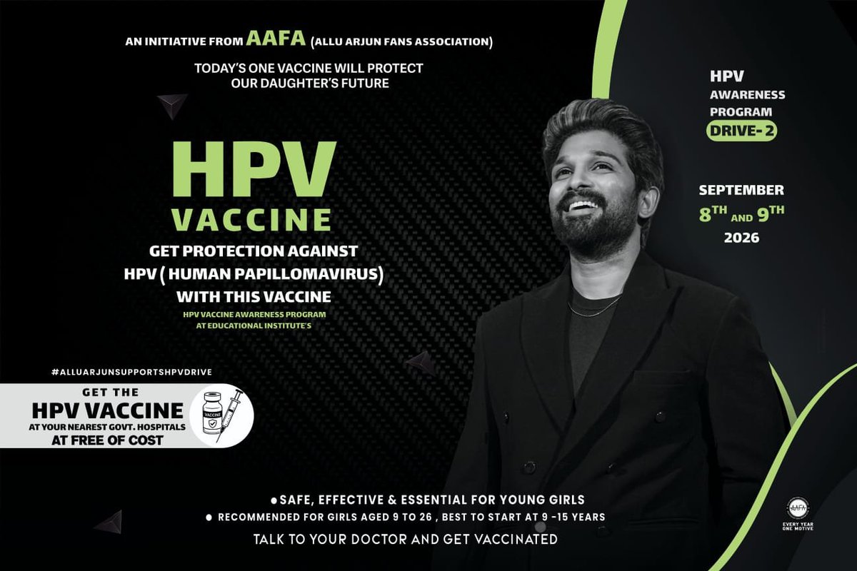 TrendsAlluArjun's tweet photo. A step towards a healthier future ✊

Raising awareness about HPV vaccination today can help build a healthier tomorrow 💉 

Let’s encourage timely vaccination and take a strong step towards a healthier, safer future.

Awareness. 
Prevention. 
Protection. 
Together for a healthier future 🙏

#AAFASupportsHPVDrive 
#CervicalCancerAwareness
#SwasthNariViksitBharat