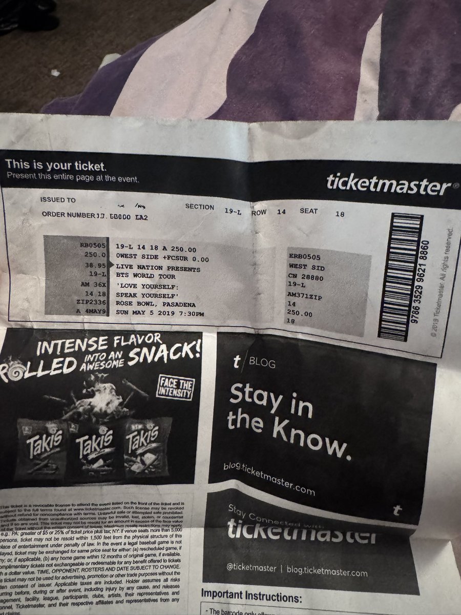 karla8906's tweet photo. Guys I found one of my old BTS ticket from 2019 💔 when mid section was only $250 https://t.co/ZSpoKTPZEQ