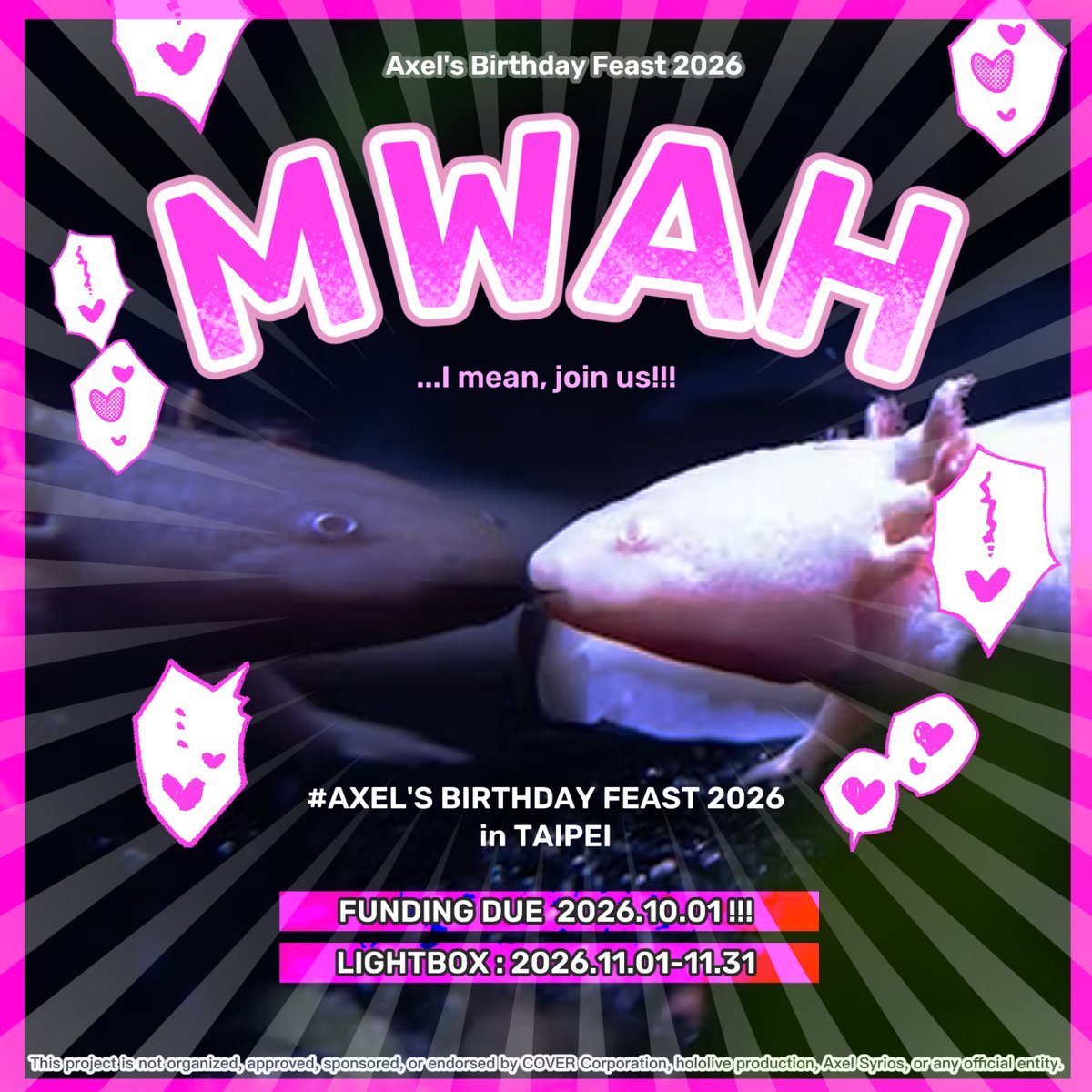 FRYaxelotl's tweet photo. MWAH FOR YOU ALL!!!
(join us wink wink)

🔸集資表單 Join in Form:  https://t.co/mMDrPO7zDK

*funding will close at 10.01 (24:00 GMT+8)
*集資活動會在 10.01 (24:00 GMT+8) 結束

#Axel_Birthday_Feast_2026 https://t.co/jTdiu9GyM2