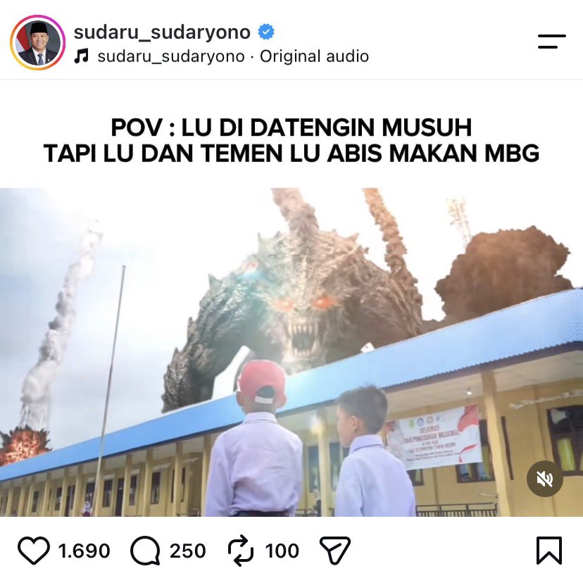 LambeSahamjja's tweet photo. postingan sudaryono soal MBG:
- ada monster datang 
- tapi ingat baru makan MBG https://t.co/67loN43BxD