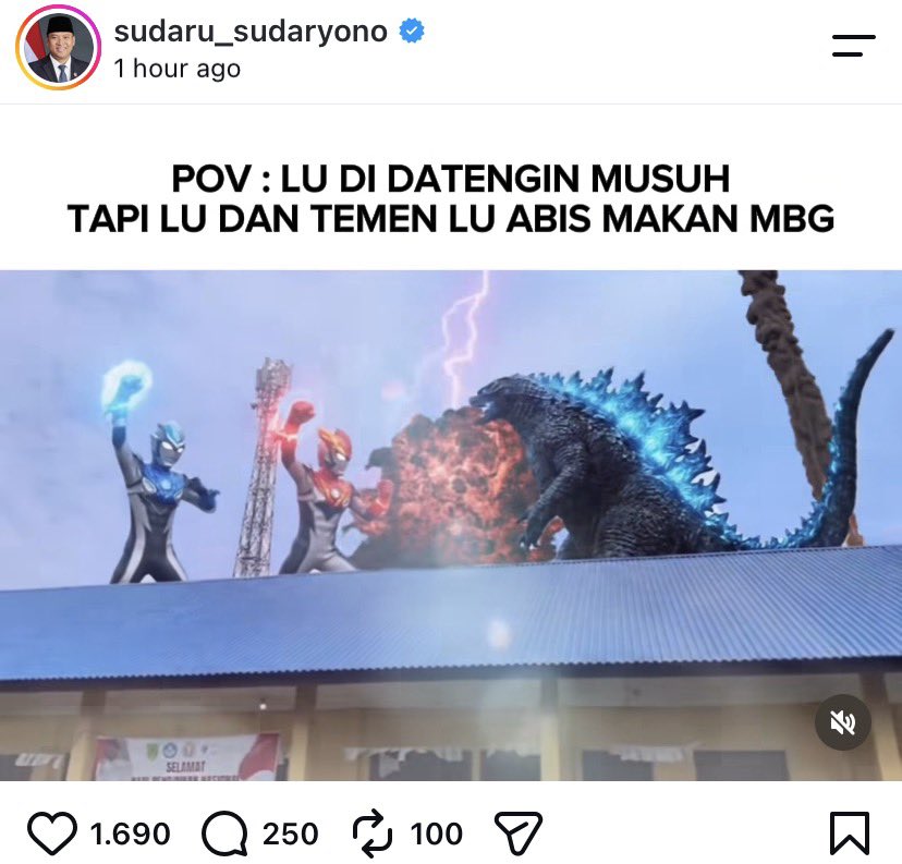 LambeSahamjja's tweet photo. postingan sudaryono soal MBG:
- ada monster datang 
- tapi ingat baru makan MBG https://t.co/67loN43BxD