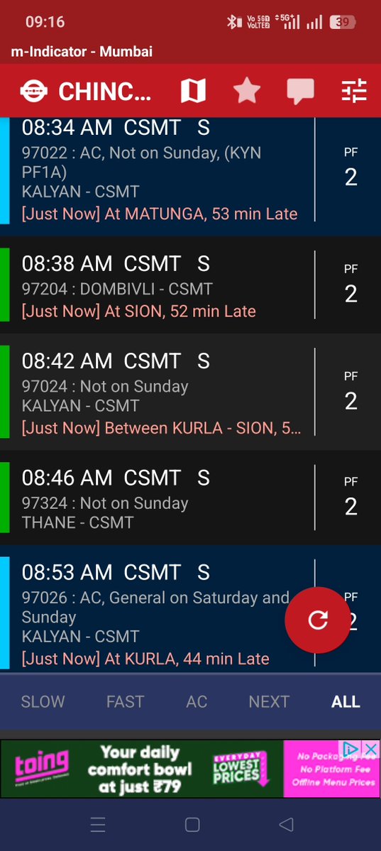 chrgntr1's tweet photo. AC locals late by 30 to 40 mins. Are new normal, if we are travelling without ticket is punishable offence, than late trains should also be ticket charges refunded @GM_CRly @drmbct @Central_Railway @RailMinIndia https://t.co/PreJQonRjc