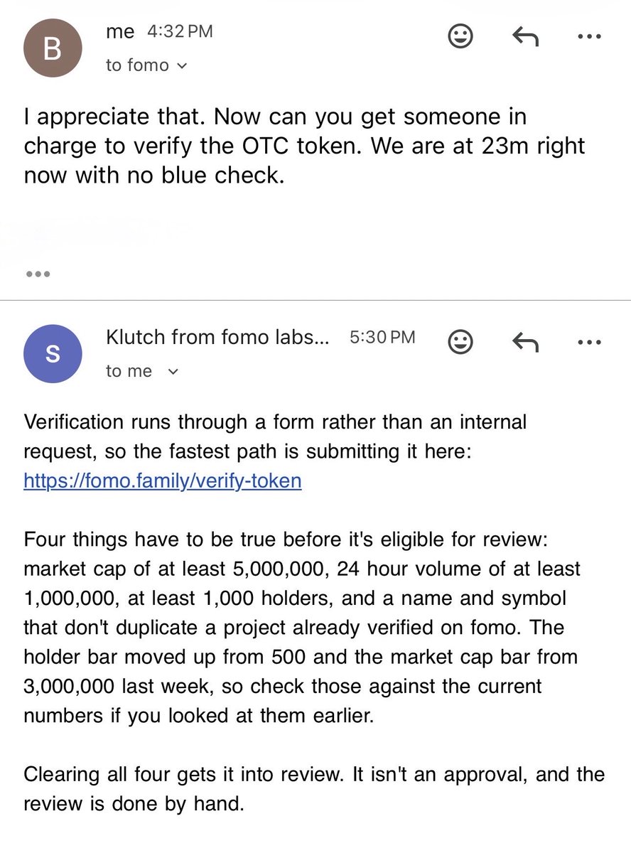 GetMoneyBigBaby's tweet photo. Hey, does anyone know if the dev has applied for a FOMO verification? This is what the FOMO lab told me. We Already Did This.  @seyong @fomo https://t.co/ye1yQVNI4Q