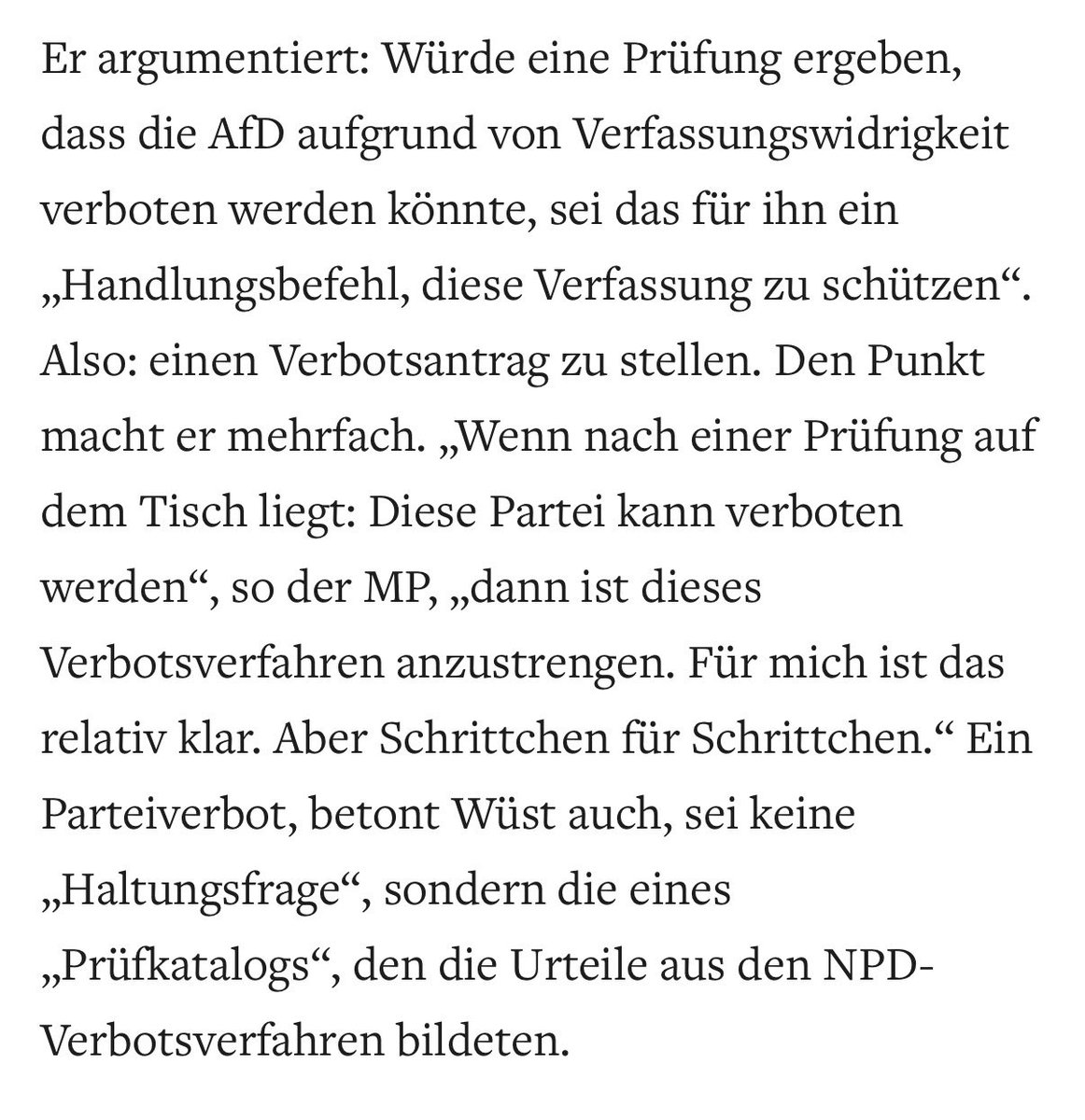 rumeliobserver's tweet photo. Ja. Yes.

“Wüst unterstreicht den Nachrichtenwert einer solchen Forderung aus CDU-Reihen selbst: „Ich habe heute etwas gesagt, das hat öffentlich bisher, glaube ich, kein CDU-Mensch gesagt: dass ich dafür bin, diese Arbeitsgruppe einzusetzen, die diese Arbeit dann leistet.“”

The debate on a closure case before the Constitutional Court is getting serious.

It is late. But better late than never.