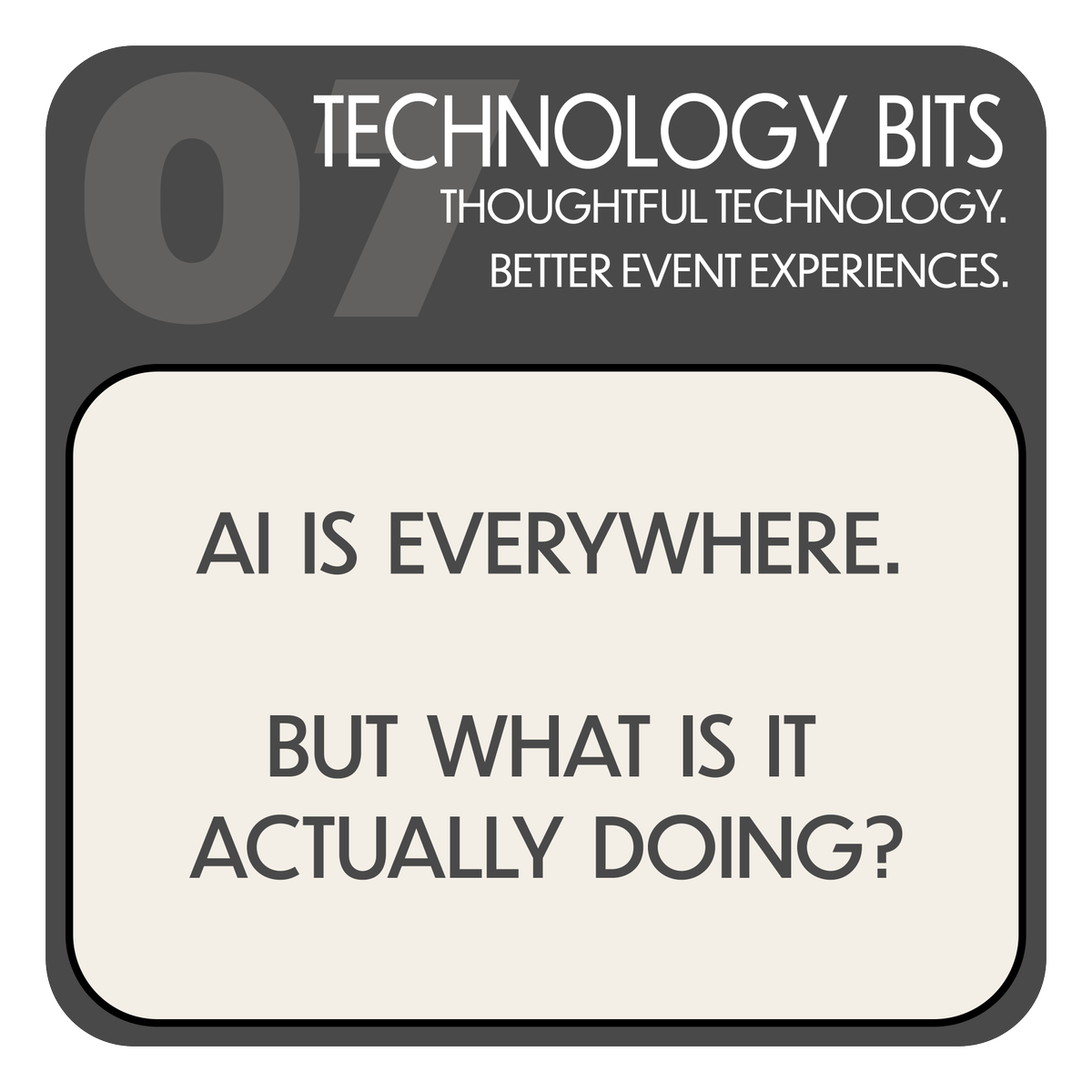 PowerEventGroup's tweet photo. “Powered by AI” means different things, but it should work with your event data. AI interprets questions, recognizes meaning, and generates responses using your event data.

Technology Bits 07:
 https://t.co/hV3y5MgHGh

#EventTechnology #TechnologyBits https://t.co/DhvsAlgE5y