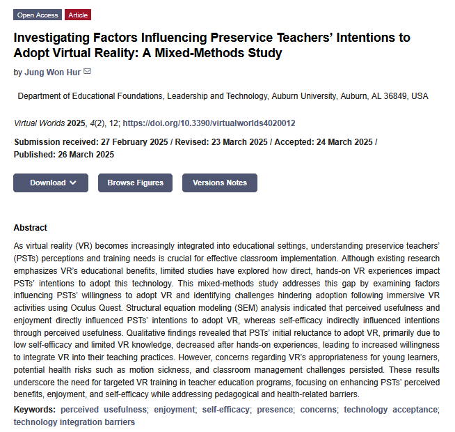MdpiWorlds's tweet photo. #CallForReading #EditorsChoice Paper 📊
📖 Title: "Investigating Factors Influencing Preservice Teachers’ Intentions to Adopt Virtual Reality: A Mixed-Methods Study"
👥 by Jung Won Hur
👉 Read here: https://t.co/CuyGVR7hRV
#MDPIOpenAccess #TechnologyAcceptance #VirtualReality https://t.co/al5rApDsDh
