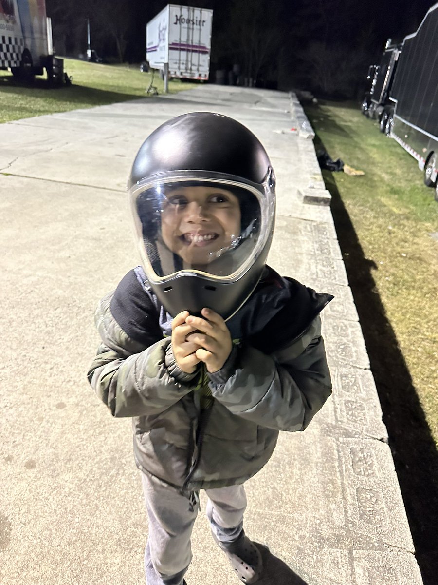 JohnSlotcar8's tweet photo. So this is from new Smyrna feb 2024 @RyanPreece_ dad gave my little cousin a pit helmet he still wears it shows you type of guy he is hope he goes far. @RFKracing @RaceWithPreece @NASCAR @newsmyrnaspdwy https://t.co/bkZBJeLeuP