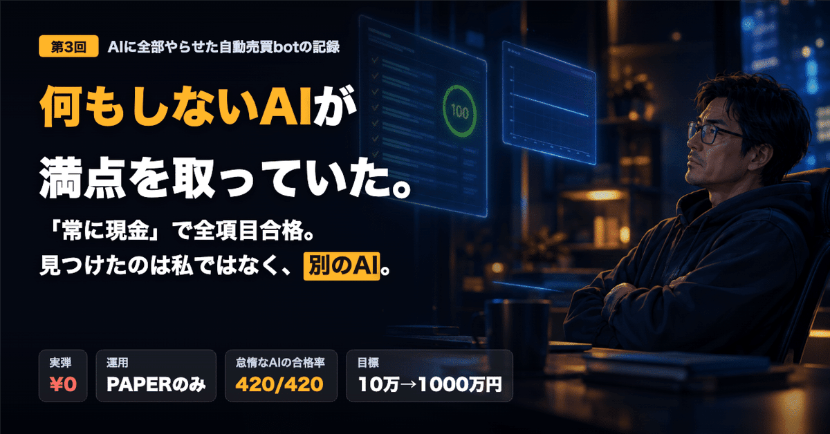 monkeycoretime's tweet photo. 何もしないAIが、合否基準で満点を取っていた。「常に現金」で420回全項目合格。
見つけたのは私ではなく、別のAI。直したと言った翌日に。
実弾はまだ0円。
https://t.co/BumfWlw6cB
#仮想通貨bot #ClaudeCode https://t.co/HmDvXuaZr2