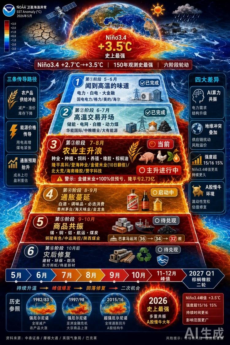 XiaoM17's tweet photo. 有群里在发厄尔尼诺的6个阶段，

兄弟们可以参考下

六个阶段

5-6月：先热起来

高温 → 用电、空调、白电、电力股先动

6-7月：能源和糖

用电高、煤电紧，储能、电网、白糖、动力煤跟上。点了华能、中粮糖业、大有能源。

7-8月：农业主升（图标注“当前”）

种业、种植、饲料、养殖、橡胶、棕榈油。点了隆平高科、登海种业、金健米业、北大荒、海南橡胶。

8-9月：通胀往消费传（标注“启动中”）

粮油涨了，白酒、调味品、刚需消费开始被资金炒。点了茅台、海天、金龙鱼。

9-10月：商品一起涨

锡、铜、铝、航运、煤炭。还扯上巴拿马运河通航变少。点了铜陵有色、中远海控、陕西煤业。

10月以后：灾后修复

洪涝、台风过后修房子、防水、环保。点了东方雨虹、伟星新材。

再往后看 2027 年一季度棕榈油、橡胶第二轮。