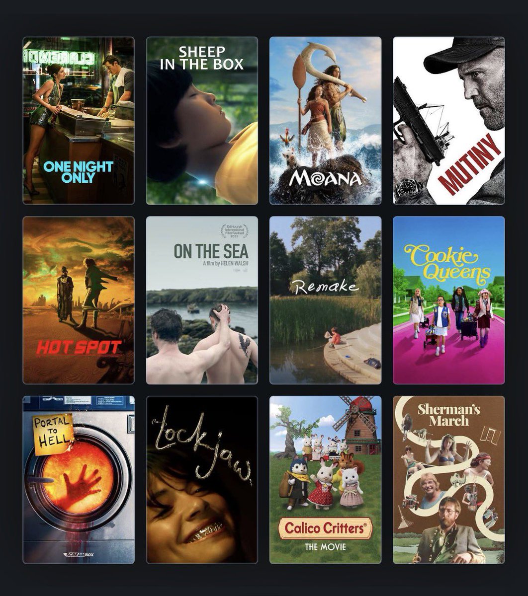 LifeIsAFilmFest's tweet photo. New releases on digital VOD:

One Night Only
Sheep in the Box
Moana
Mutiny
Hot Spot - Fantasia/London
On the Sea - Edinburgh
Remake - Venice
Cookie Queens - Sundance
Portal to Hell - Slamdance
Lockjaw - Slamdance
Calico Critters
Sherman’s March

#movie hd 4k

You can find more info about the films via this Letterboxd list that has all the most recent digital VOD releases:
https://t.co/muqGqe6ptb
