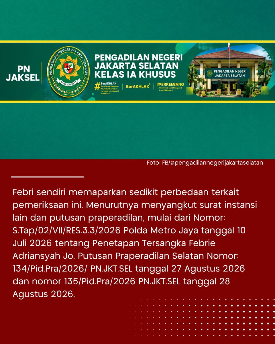 SINDOnews's tweet photo. Penyidik Tim 9 Kejaksaan Agung (Kejagung) kembali mekakukan pemeriksaan terhadap eks Jampidsus Febrie Adriansyah dalam kasus dugaan korupsi dan TPPU pada hari ini, Selasa (8/9/2026).
Baca Selengkapnya di
https://t.co/mw1D4ZIP6U
#FebrieAdriansyah #Kejagung #Tim9 #TPPU #Asabri #Jiwasraya #Korupsi #KPK #KejaksaanAgung #KasusKorupsi #Praperadilan #SindoNewsTV #SindoNews