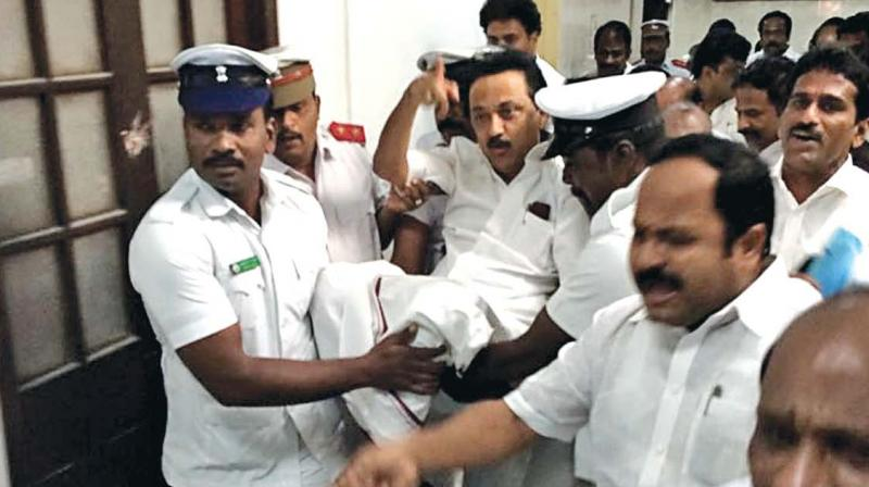 Sidprabhakar7's tweet photo. Leader of Opposition Udhayanidhi Stalin was not in the House when DMK MLAs were evicted today.
A chance missed to recreate this iconic scene from 10 years ago, when then Leader of Opposition MK Stalin was evicted from the Tamil Nadu assembly 👇 https://t.co/N5Pej2LntU