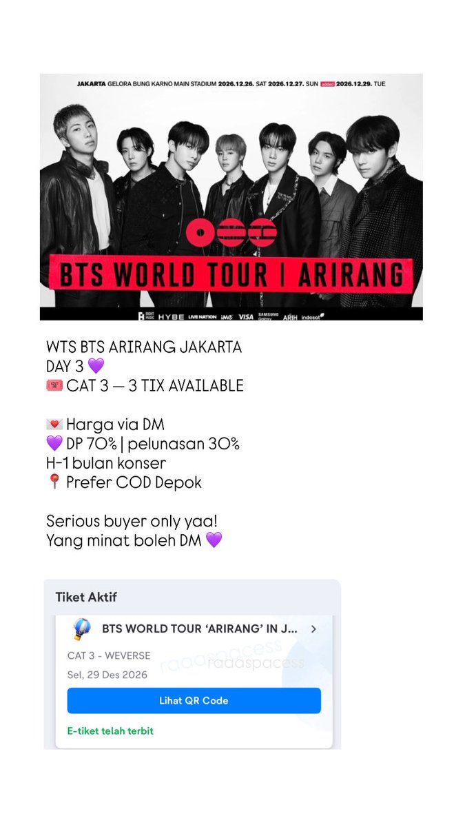 wkwkcry's tweet photo. wts arirang in jakarta

‼️day 3 - cat 3 presale (avail 2 tix)
📍dom depok 
✅siap tukeran all socmed 
✅di urus sampe jadi wb
✅prefer depok
✅ Dp 70%

yppa yang percaya percaya aja😔☝🏻

#wtsbts https://t.co/gNQ4e8pXKx