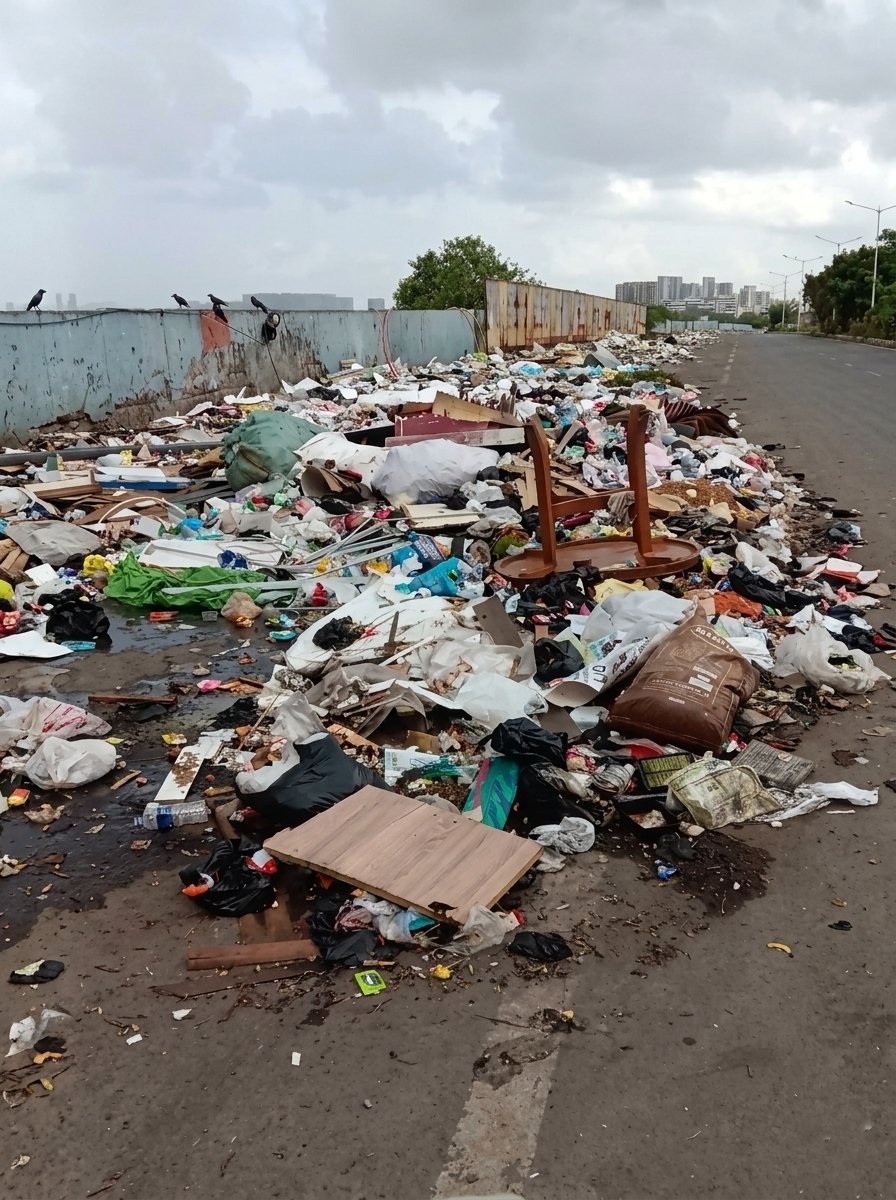 mumbaimatterz's tweet photo. Wish the PM's convoy to BKC had taken a detour via the Mahim-Sion Link Road today. 

Maybe then this massive garbage mountain would have finally been cleared—or at the very least, hidden behind a premium green cloth! 🙃

@mybmc  @mybmcSWM 

#FintechCapital #SwachhBharat
#CivicApathy