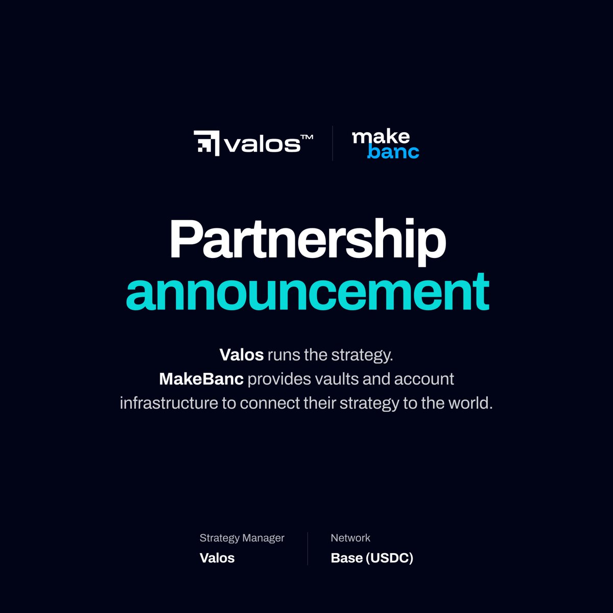 makebanc's tweet photo. @Valos_io × @makebanc  🤝 

Systematic crypto strategy expertise meets vault and account infrastructure.

Excited to announce our partnership and build together on @base.

#vaults #digitalassets #futureoffinance https://t.co/WVV9y17tbR