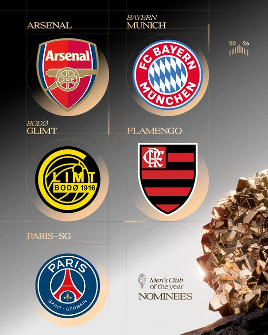thetopcornerx's tweet photo. Men's club of the year nominees2026:

  🏴󠁧󠁢󠁥󠁮󠁧󠁿 Arsenal  
🇩🇪 Bayern Munich 
 🇳🇴 Bodø/Glimt 
 🇧🇷 Flamengo
  🇫🇷 Paris-SG https://t.co/ezY1bMRq9r