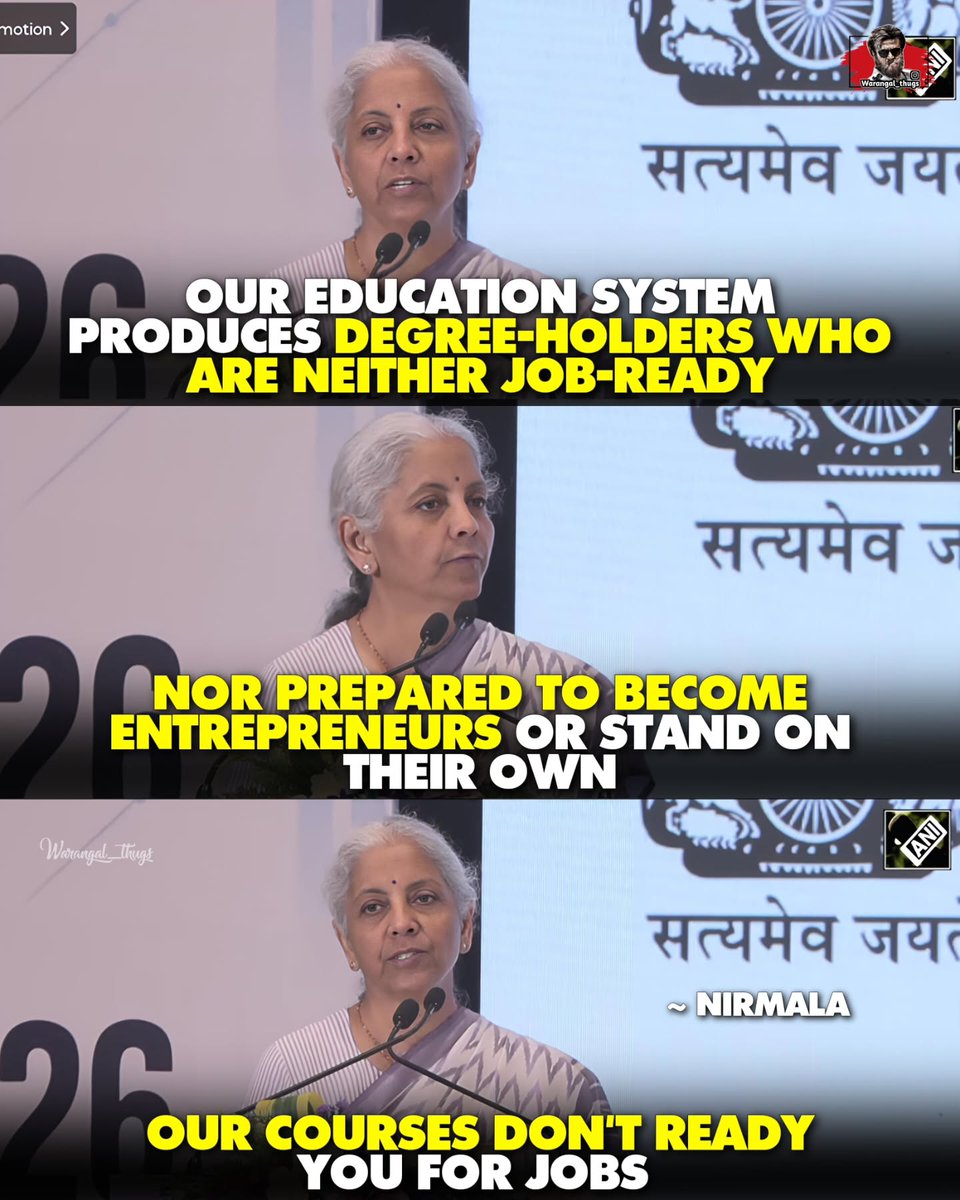 talhacom's tweet photo. Finance Minister Nirmala Sitharaman says India’s higher education system must focus on practical skills, job readiness, and entrepreneurship—not just degrees—to bridge the gap between education and employment. https://t.co/r4kbSzgO65