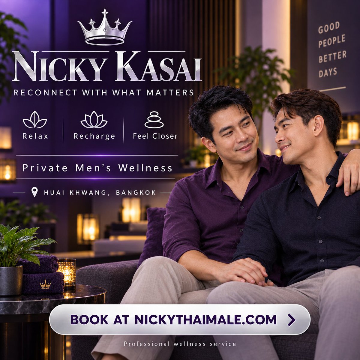 NickyThaiMale's tweet photo. RECONNECT WITH WHAT MATTERS 💜

✨ Designed exclusively for men
✨ Private and professional
✨ Personally provided by Nicky
📍 Huai Khwang, Bangkok
🌐 Book at https://t.co/p0fTTASj4o
#NickyKasai #NickyThaiMale #MensWellness #Reconnect #RelationshipWellness #SelfCareForMen https://t.co/2P6GSc5sQv
