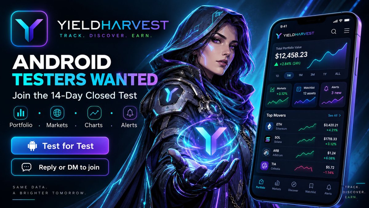 YieldHarvestApp's tweet photo. 🚀 Looking for Android beta testers for YieldHarvest!

I’m preparing for the Google Play launch and need testers for the required 14-day closed test.

✅ Android phone
✅ Stay opted in for 14 days
✅ Try the app & send feedback
🤝 I’ll test your Android app in return

YieldHarvest includes portfolio tracking, crypto markets, charts, watchlists & alerts — all non-custodial.

🔗 Join the test:
https://t.co/JOfVtJPYp3

DM me if your Google Play Gmail needs to be added.

#AndroidDev #IndieDev #BetaTesting