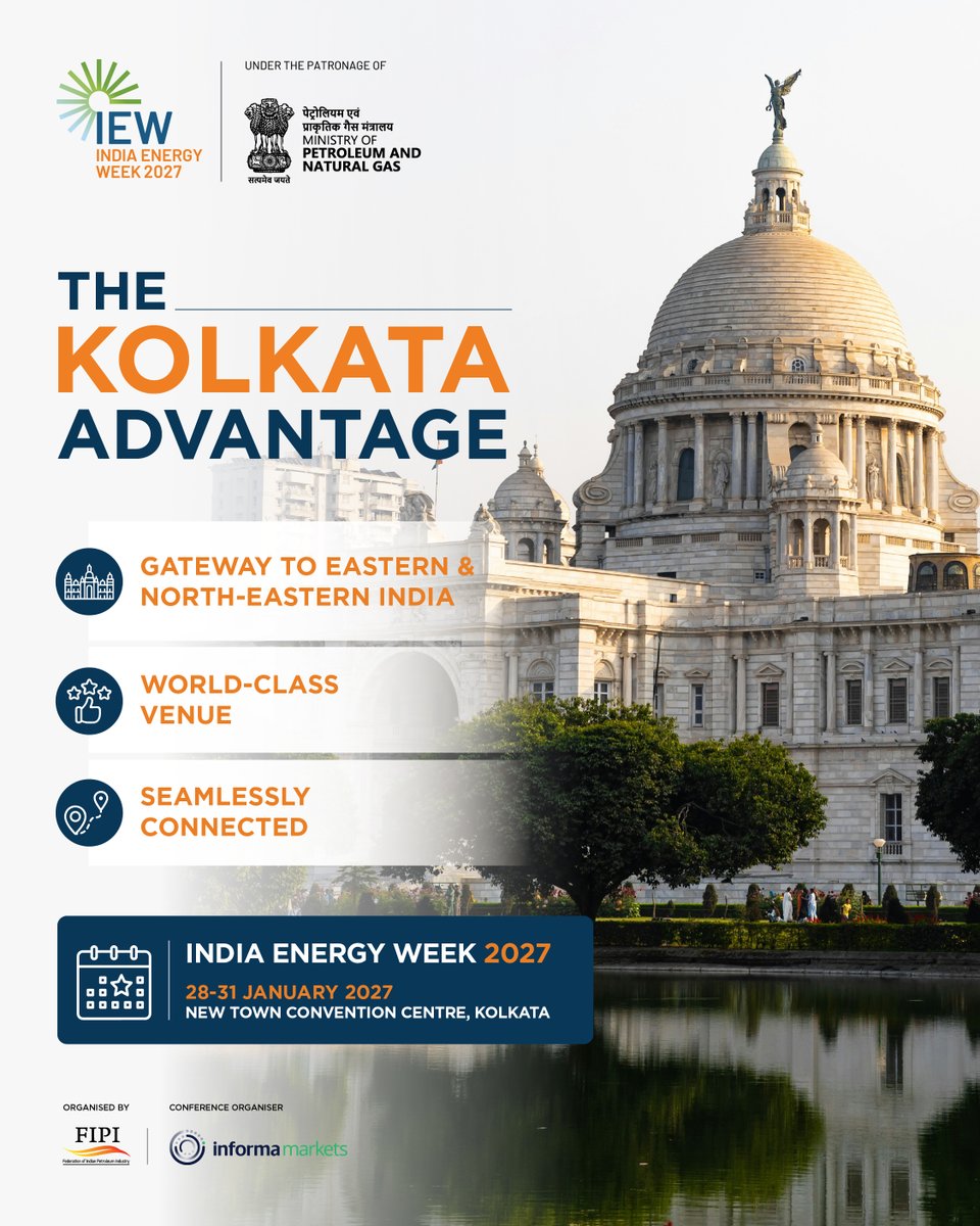 IndiaEnergyWeek's tweet photo. Kolkata's location, infrastructure and connectivity make it a natural meeting point for the global energy community. As Eastern India's commercial capital, it links West Bengal, Odisha, Bihar, Jharkhand, the Northeast and neighbouring countries.

The New Town Convention Centre and adjacent Eco Park Ground offer a world-class venue for conferences and exhibitions, with the international airport, Sector V tech hub and major hotels nearby for seamless delegate access.

This January, #IndiaEnergyWeek comes to Kolkata — where energy, industry and opportunity converge.

📍 New Town Convention Centre, Kolkata
📅 28–31 January 2027

For details, write to us at iew@indiaenergyweek.com or visit website https://t.co/g5MRfcBZKL

#IndiaEnergyWeek2027 #IEW2027 #TheKolkataAdvantage #GlobalEnergy #EnergyTransition

@PetroleumMin @fipiind @ONGC_ @IndianOilcl @OilIndiaLimited @BPCLimited @HPCL @EngineersIND @NayaraEnergy @TotalEnergies @ONGC @PetronetLNGLtd @RIL_Updates @ADNOCGroup 
@bp_plc @Shell @exxonmobil @TotalEnergies 
@Chevron @Siemens_Energy @larsentoubro @honeywell @airliquidegroup @BASF @CurtissWrightDS @elliott_turbo @Endress_Hauser @Johnson_Matthey @NEAGROUP @MannTek @PrajIndustries @SolarTurbines @SulzerLtd @TechnipEnergies @torrentgas @JSWEnergy
