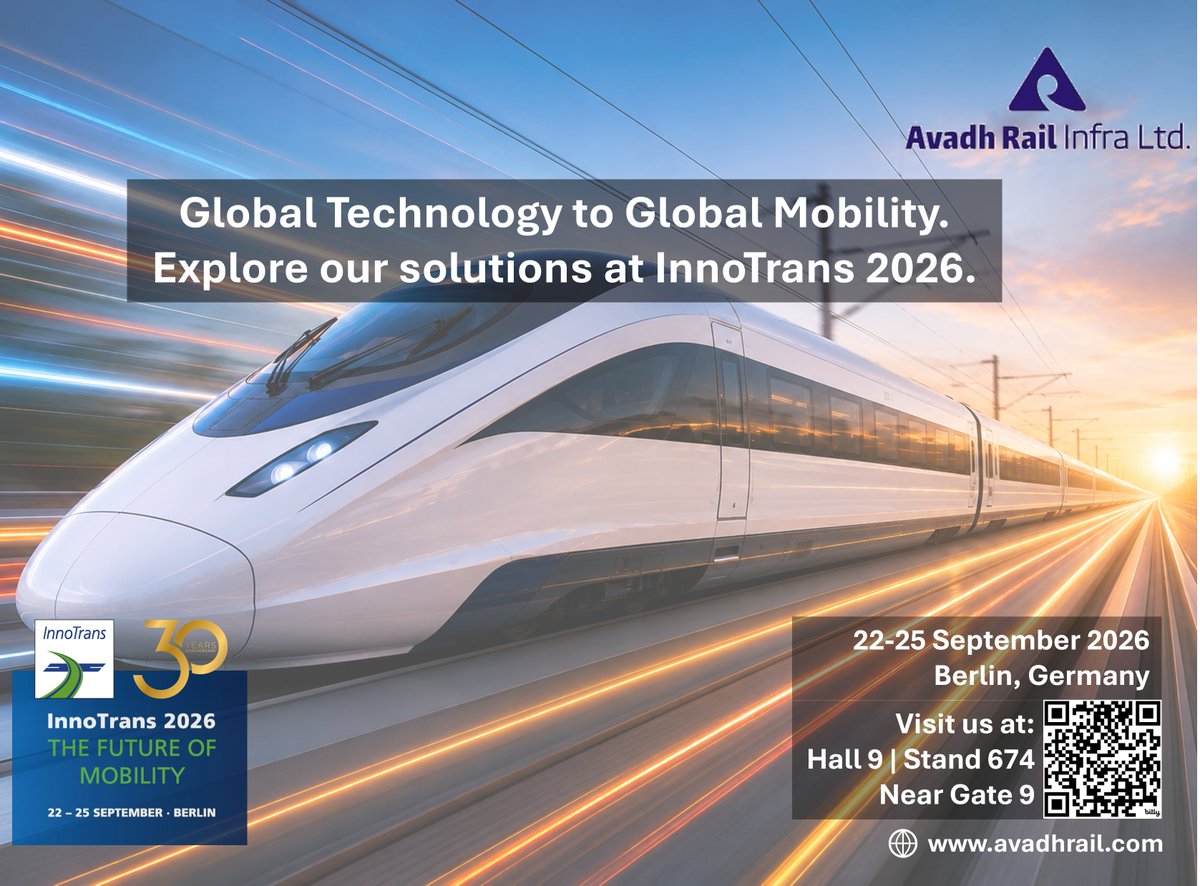avadhrailinfra's tweet photo. 🚆Avadh Rail is heading to InnoTrans 2026, Berlin!

Join us to discover our global railway products, technologies and solutions.
22–25 September 2026 | Hall 9 | Stand 674 

Look forward to welcoming you.

#AvadhRailInfra #InnoTrans2026 #RailTechnology  #RailInfrastructure #Berlin https://t.co/IPXYSxp4nQ