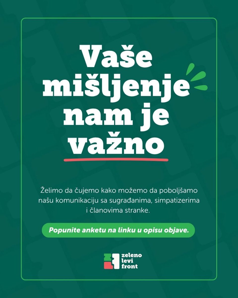 nedavimobgd's tweet photo. Želimo da čujemo vaše mišljenje, jer smo u ovoj borbi zajedno! 📝

Pozivamo vas da izdvojite nekoliko minuta i popunite anketu o stavovima, očekivanjima i iskustvima simpatizera, članova i pratilaca rada Zeleno-levog fronta. Kroz vaše odgovore želimo da bolje razumemo kako možemo da unapredimo naš rad i komunikaciju sa svima vama.

Hvala vam na izdvojenom vremenu 💚

Link ankete: https://t.co/xKMKkghQ4i