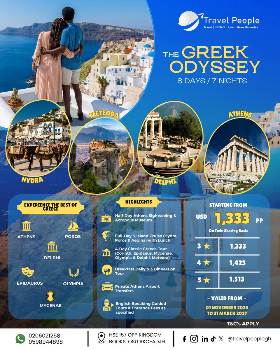 TravelPeoplegh's tweet photo. Greece is calling! Will you answer?

Experience the Greek Odyssey: 8 Days across Athens, Hydra, Poros, Aegina, Delphi, Meteora, Mycenae etc.

💰 From USD 1,333 PP
📅 Nov 2026 to Mar 2027
Book before the spots are gone!

📞 0206021258

#TravelPeople #GreekOdyssey #GreeceTour https://t.co/3Einy2uaR1