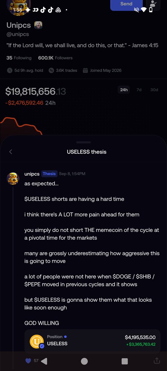 revoleted's tweet photo. You're so right boss @theunipcs 

I just wish I didn't lose so much last month trying to long $USELESS 

I signed up using your FOMO ref link

Can I get a little support here ? 
Boss man 🫡♥️ https://t.co/S1qkL8fWBj