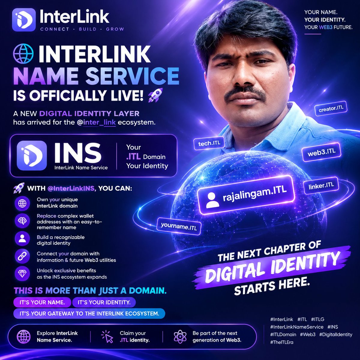 GudaRajalingam's tweet photo. 🌐💜 INTERLINK NAME SERVICE IS OFFICIALLY LIVE! 🚀⚛️

A NEW DIGITAL IDENTITY LAYER has arrived for the @inter_link ecosystem. 🔥

✨ InterLink Name Service (INS) is now officially LIVE — giving Linkers a simpler, smarter, and more 

#InterLink #ITL #ITLG #InterLinkNameService https://t.co/SJP2qo86zN