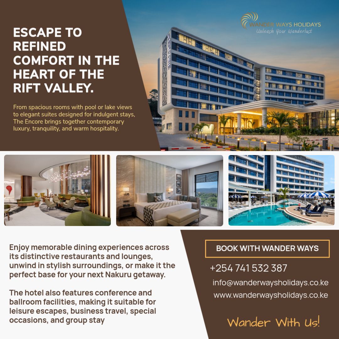 wanderwayshols's tweet photo. Refined rooms, elegant suites, stylish dining, conference facilities, and warm hospitality in the heart of the Rift Valley.

Plan your stay with Wander Ways Holidays.
📞 +254 741 532 387
🌐 https://t.co/nwp2LgQd7o

#WanderWaysHolidays #Nakuru #EncoreHotelNakuru #KenyaTravel https://t.co/zxbL8LjoIo