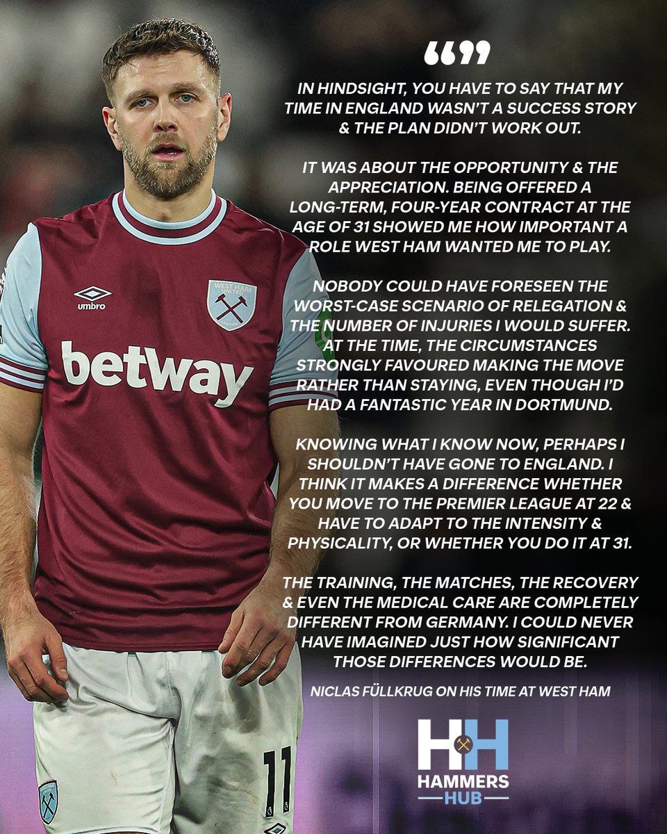 HammersHubWHUFC's tweet photo. "Knowing what I know now, perhaps I shouldn’t have gone to West Ham.”

Niclas Füllkrug has opened up on his time at the club and the difficulties he faced adapting to the intensity, physicality, training and recovery demands of English football at 31. https://t.co/7L7Efpfi0X