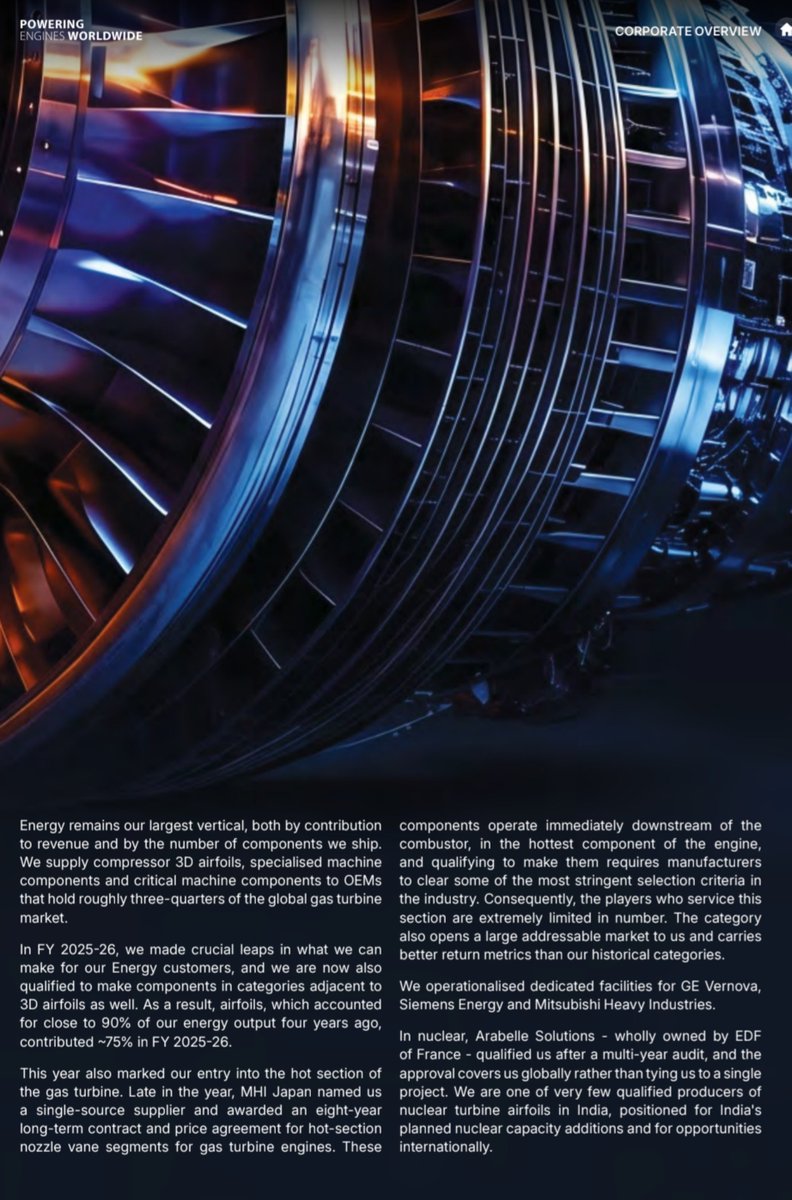 MithunSarkari's tweet photo. Azad Engg: #AZAD 
Annual Report readings from my Lens.

Massive Order book: ~6,500 Cr ~11x of FY26 revenue

Mix:
• Energy — 57%
• Aerospace & Defence — 29%
• Oil & Gas — 14%
Average OEM contract tenure: 5–6 years.
Crucially, capacity expansion is being undertaken against contracted volumes, rather than speculative demand.

1/  FY27 is the “year of conversion”

This is probably the most important near-term trigger.

FY26 was about building capacity.

FY27 is about:
→ ramping 4 capitalised plants
→ commissioning remaining facilities
→ converting backlog into production
→ increasing customer wallet share

Phase-1 adds ~95,000 sq.m capacity and was ~70–80% complete at FY26-end.

Mgmt expects operating leverage to become increasingly visible through FY27 and towards full utilisation in FY28.

2/ MHI hot-section entry is a major strategic upgrade
MHI named AZAD a single-source supplier under an 8-year contract for hot-section nozzle-vane segments.

Why important?

AZAD historically focused on cold/compressor-section components.

Hot section = much higher complexity in temperature, metallurgy & process control, with only a handful of qualified global suppliers.
👉
This is a move up the value chain + potentially higher-value revenue mix.

3/ Aerospace is moving from qualification → production

A&D crossed 100 Cr revenue for the first time.

But the bigger opportunity is the ~1,850 Cr Odr book.

Key milestones:
• Rolls-Royce — 7-year contract; first shipments expected before FY27-end, production building into FY28
• Pratt & Whitney Canada — contract finalised
• Safran — MOU + qualification underway

This can materially change the segment mix over the next few years.

4/ Oil & Gas is a small base with a large backlog

FY26 revenue: <10 Cr

Order book: ~950 Cr
FY26 was deliberately the qualification year.
FY27 is expected to be the first year of Oil & Gas revenue contribution.

A dedicated 7,600 sq.m Baker Hughes facility was inaugurated in April 2026.

So this is another potentially meaningful growth leg starting from a very low base.

5/ The next phase is higher value-add, not just more machining

AZAD is progressively moving:

Components → complex components → assemblies/sub-assemblies → complete systems

The DRDO/GTRE programme is an important capability milestone — AZAD manufactured, assembled and delivered a complete 350 kg-thrust expendable turbojet engine.

6/ Margin expansion is possible, but utilisation is the key

Standalone EBITDA margin already improved:

35.5% → 36.9% (+140 bps)

Mgmt expects operating leverage to become more visible as the new plants ramp through FY27 and towards full utilisation in FY28.

Other positives:
→ higher-complexity products
→ MHI hot-section entry
→ more special processes in-house
→ subsidiaries reached EBITDA breakeven

7/ To Monitor : 

Management expects >25% sustained annual revenue growth, with Energy declining from ~80% today to 55–60% over 4–5 years, as A&D and Oil & Gas scale.

What can drive earnings:

Backlog conversion + capacity utilisation + A&D ramp + Oil & Gas ramp + MHI hot section + wallet-share expansion + operating leverage.

What can derail the thesis:💡
• Qualification delays/failures
• High working capital
• Capex execution
• Customer/export concentration
• Geopolitical/trade risks
• Technology/process requirements

And the most important FY27 monitorable is working capital: it rose to 244 days from 202, which mgmtt itself calls the company's “slowest-moving number”.❗

8/ Crux:

AZAD is transitioning from a qualified component manufacturer into a higher-capacity, multi-vertical, higher-value engineering partner — with FY27 being the critical year when the 6,500 Cr backlog and newly built capacity have to start converting into revenue, cash flow and operating leverage.

The key question is no longer “does AZAD have demand?”

👉Its now the Execution.

No Recommendations, please do your own studies.📝