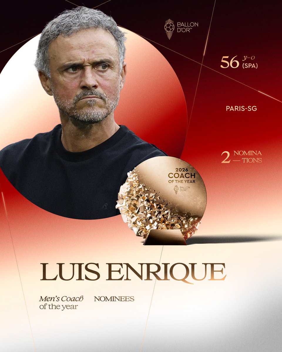 ballondor's tweet photo. Nominated for the 2026 Men's Coach of the Year ⬇️

Luis Enrique
@PSG_inside

#ballondor https://t.co/7aZNB2qckM