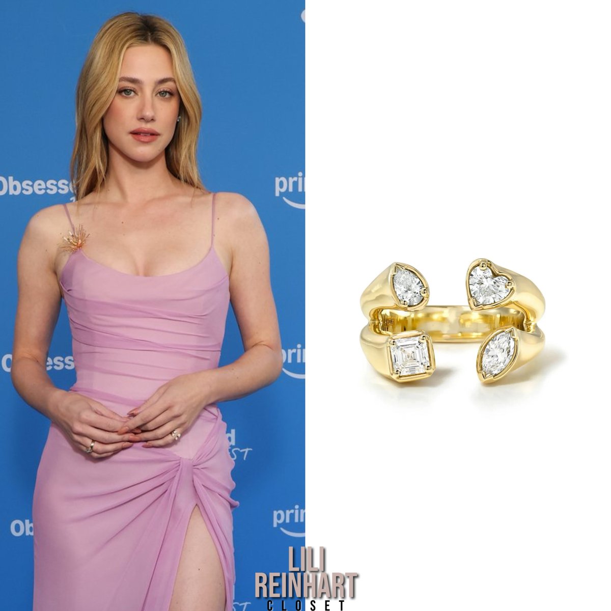 TalhaGl's tweet photo. Prime Video Obsessed Fest || June 27, 2026. Lili Reinhart wore a custom Cult Gaia dress, René Caovilla Erin crystal-embellished sandals ($1, 387), and a Logan Hollowell Petite Fortuna diamond ring ($7, 950). https://t.co/rmmuGbhG9H