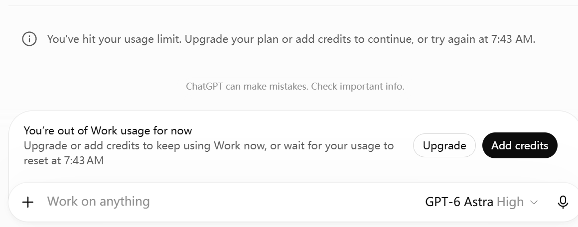 Synstar_Joey's tweet photo. GPT-6 Astra is burning through my ChatGPT quota way faster than GPT-5.6 Sol.
The model is good, but for everyday coding I’m still asking: is the improvement actually worth the extra usage?
Anyone using both noticed a clear advantage with Astra?
#gpt6 #Codex #AIcoding #OpenAI #LLM https://t.co/cQx8Y023c6