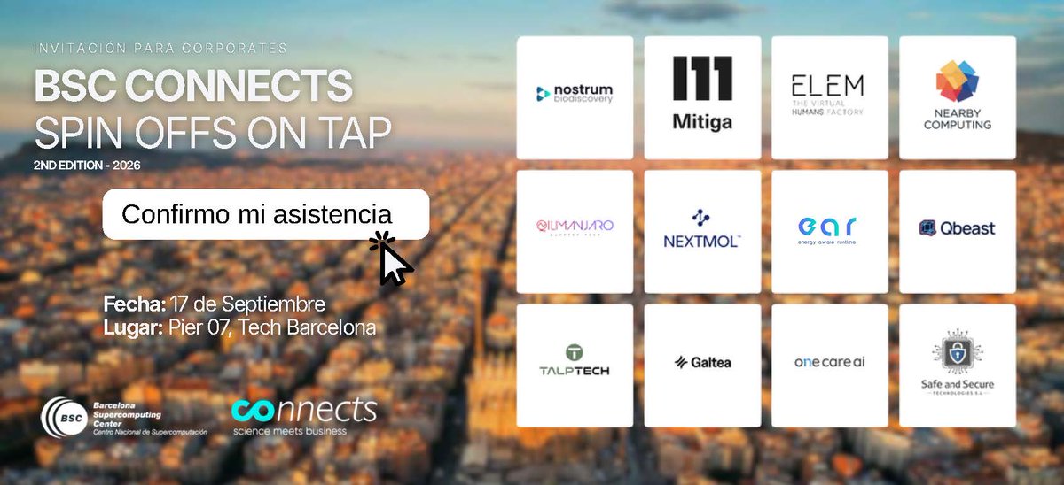 BSC_CNS's tweet photo. 🌐New edition of the #BSCConnects Spin-Offs on Tap 2026.

The event returns to bring together all the BSC spin-offs on one roof, with the corporate leaders, investors and innovation stakeholders.

📅 17 September 

➡ https://t.co/GuQSyEQmhw

#InnovationBSC https://t.co/ESCIyf0ztk