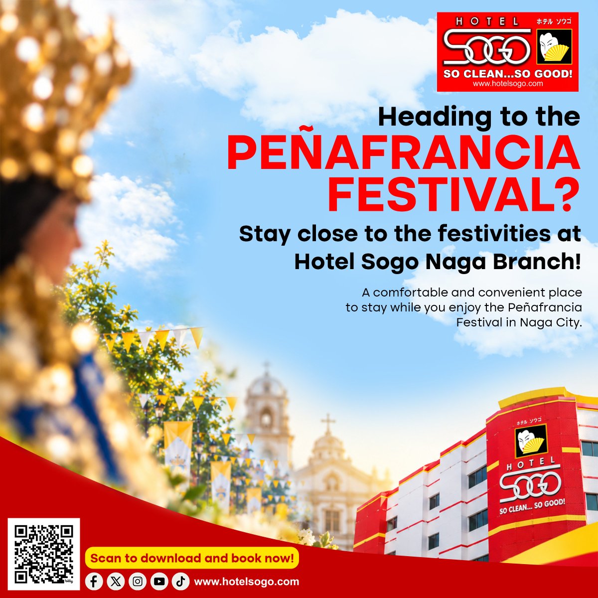 HotelSogo's tweet photo. Heading to the Peñafrancia Festival? Make your stay part of the celebration!

Experience the festivities, traditions, and vibrant spirit of Naga City while staying close to the action at Hotel Sogo Naga.

#HotelSogo #HotelSogoNaga #PeñafranciaFestival #Peñafrancia2026 #NagaCity https://t.co/TOsoROdfPo