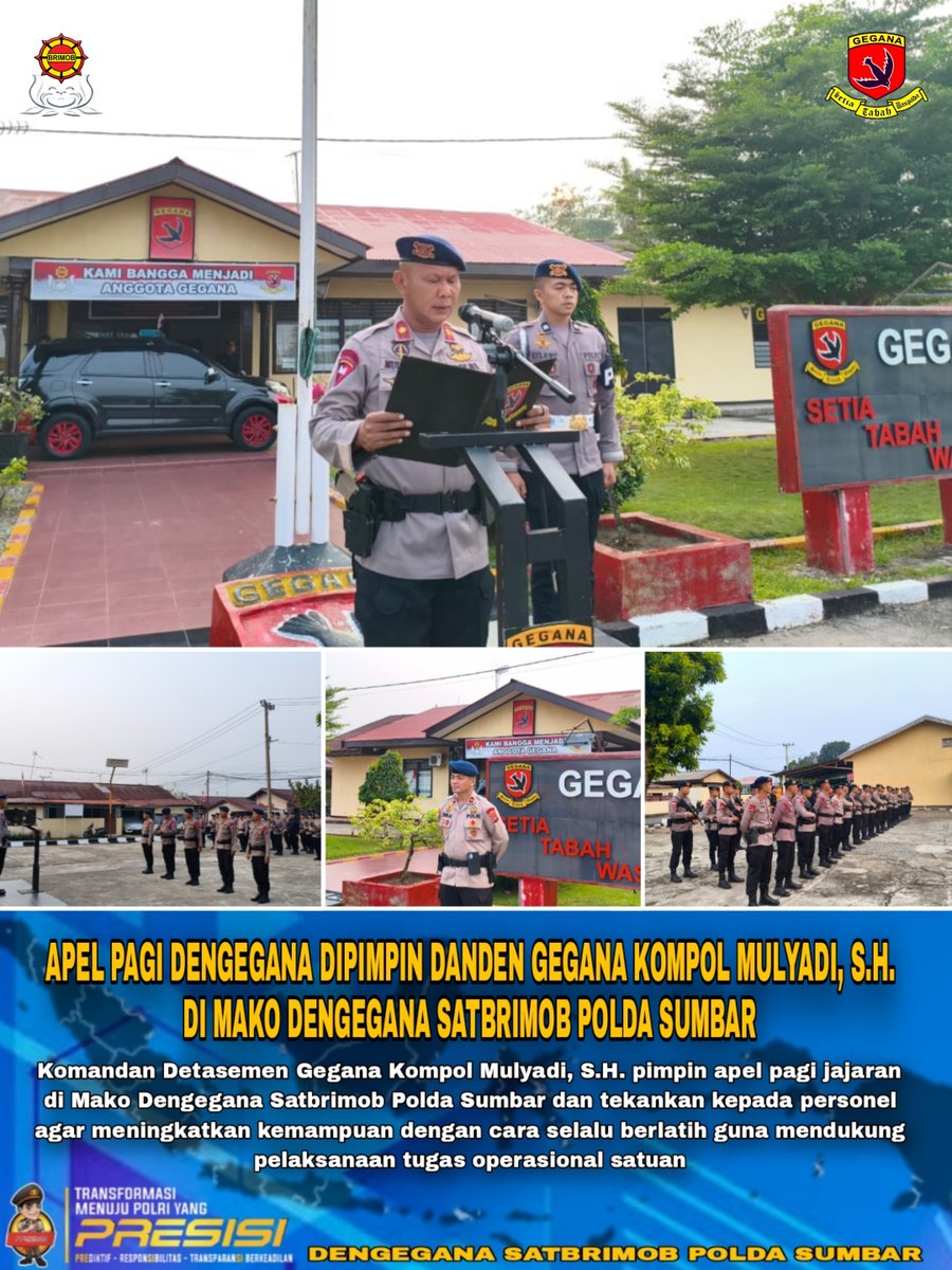 Geganasumbar's tweet photo. Komandan Detasemen Gegana Kompol Mulyadi, S.H. pimpin apel pagi jajaran di Mako Dengegana Satbrimob Polda Sumbar dan tekankan personel agar meningkatkan kemampuan dengan cara selalu berlatih guna mendukung pelaksanaan tugas operasional satuan. https://t.co/ySSEtkJstq