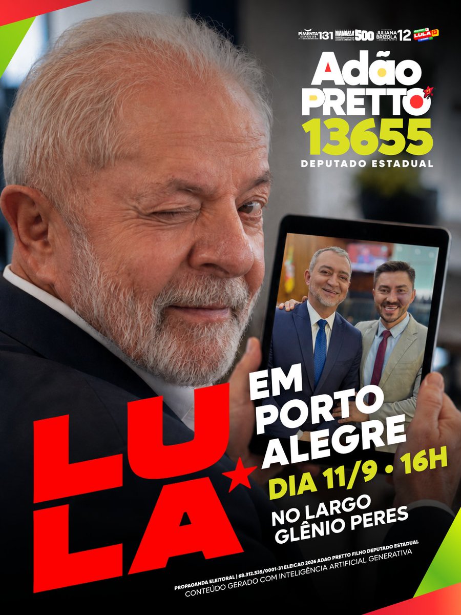 AdaoPretto13655's tweet photo. 🚨 CONFIRMADO: Presidente LULA em PORTO ALEGRE! ⭐️

#13655 https://t.co/TqQBc8Zy4W