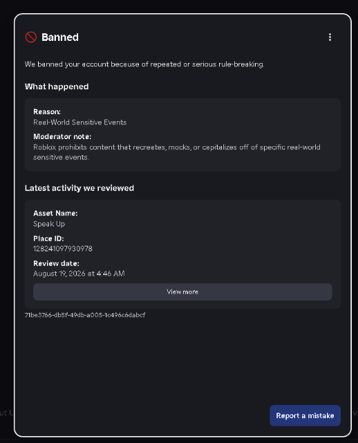 SachinGc226890's tweet photo. Day 21 of
@Roblox @KreekCraft @Roblox_RTC

false perm ban more info about my ban on my pinned
@Roblox's poor AI moderation falsely bans millions.  (Banned w/o any warning or info on risks of being banned.)  
username: Mr_FriedChicken6 
ban date: August 19, 2026 https://t.co/qHOCDIzKhG
