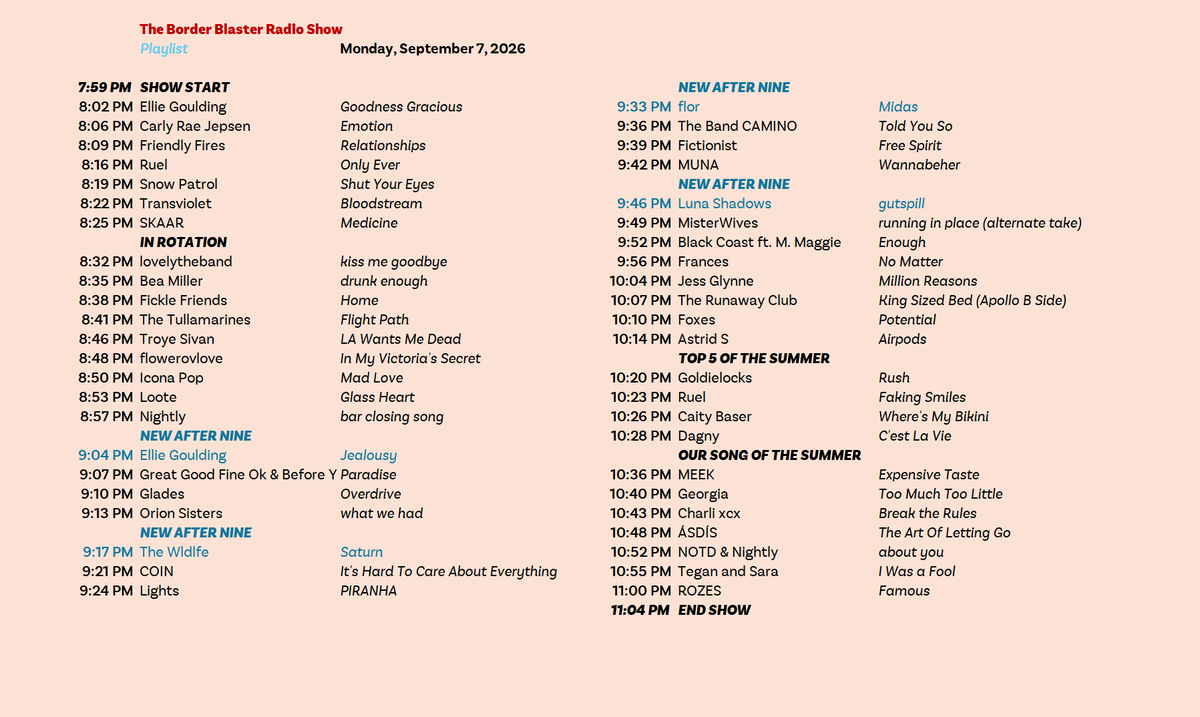 benzjfm's tweet photo. Here's this week's Border Blaster Radio Show playlist, including new music from Ellie Goulding, flor, The Wldlfe, and more, plus great tracks from the almost-mainstream! Tune in again Monday at 8pm on WBNY and on the RadioFX app — and don't miss the dance music Wednesday on DEX! https://t.co/eZuZcqQhBP