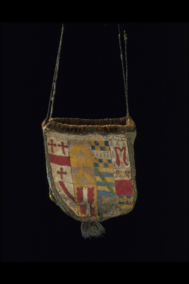 TudorAge1973's tweet photo. #TudorTuesday
The Calthorpe Purse
c1540
Silk, linen, embroidering and hand stitching.
Formed of four shield-shaped panels carrying the coats of arms showing the arms of Sir Henry Parker (son of Sir Henry Parker, 1st Baron Morley) and Elizabeth Calthorpe (daughter and heiress of Sir Philip Calthorpe)
The workmanship that has gone into this purse is quite simply stunning.
During the sixteenth century, men and women carried or wore pouches or purses such as this example hanging from the waist, but we do not know if it was ever used in this capacity.
This example is more than likely associated with marriage rather than a purse used simply for money given the heraldic devices decorating it.
Due to its remarkable condition it was rarely used and as such well looked after.
On display at The V & A Museum, London.
#Purse #CalthorpePurse #Linen #Silk #SirHenryParker #ElizabethCalthorpe #Tudors #History