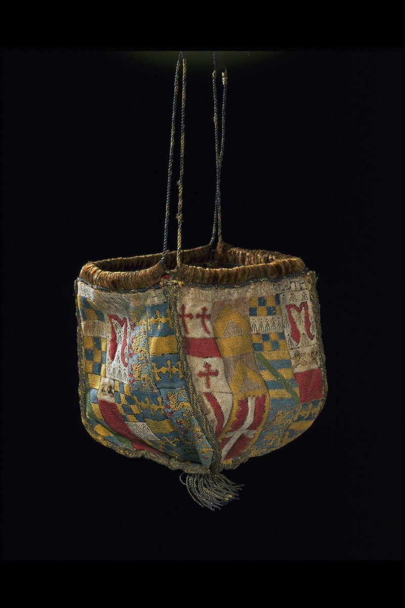 TudorAge1973's tweet photo. #TudorTuesday
The Calthorpe Purse
c1540
Silk, linen, embroidering and hand stitching.
Formed of four shield-shaped panels carrying the coats of arms showing the arms of Sir Henry Parker (son of Sir Henry Parker, 1st Baron Morley) and Elizabeth Calthorpe (daughter and heiress of Sir Philip Calthorpe)
The workmanship that has gone into this purse is quite simply stunning.
During the sixteenth century, men and women carried or wore pouches or purses such as this example hanging from the waist, but we do not know if it was ever used in this capacity.
This example is more than likely associated with marriage rather than a purse used simply for money given the heraldic devices decorating it.
Due to its remarkable condition it was rarely used and as such well looked after.
On display at The V & A Museum, London.
#Purse #CalthorpePurse #Linen #Silk #SirHenryParker #ElizabethCalthorpe #Tudors #History