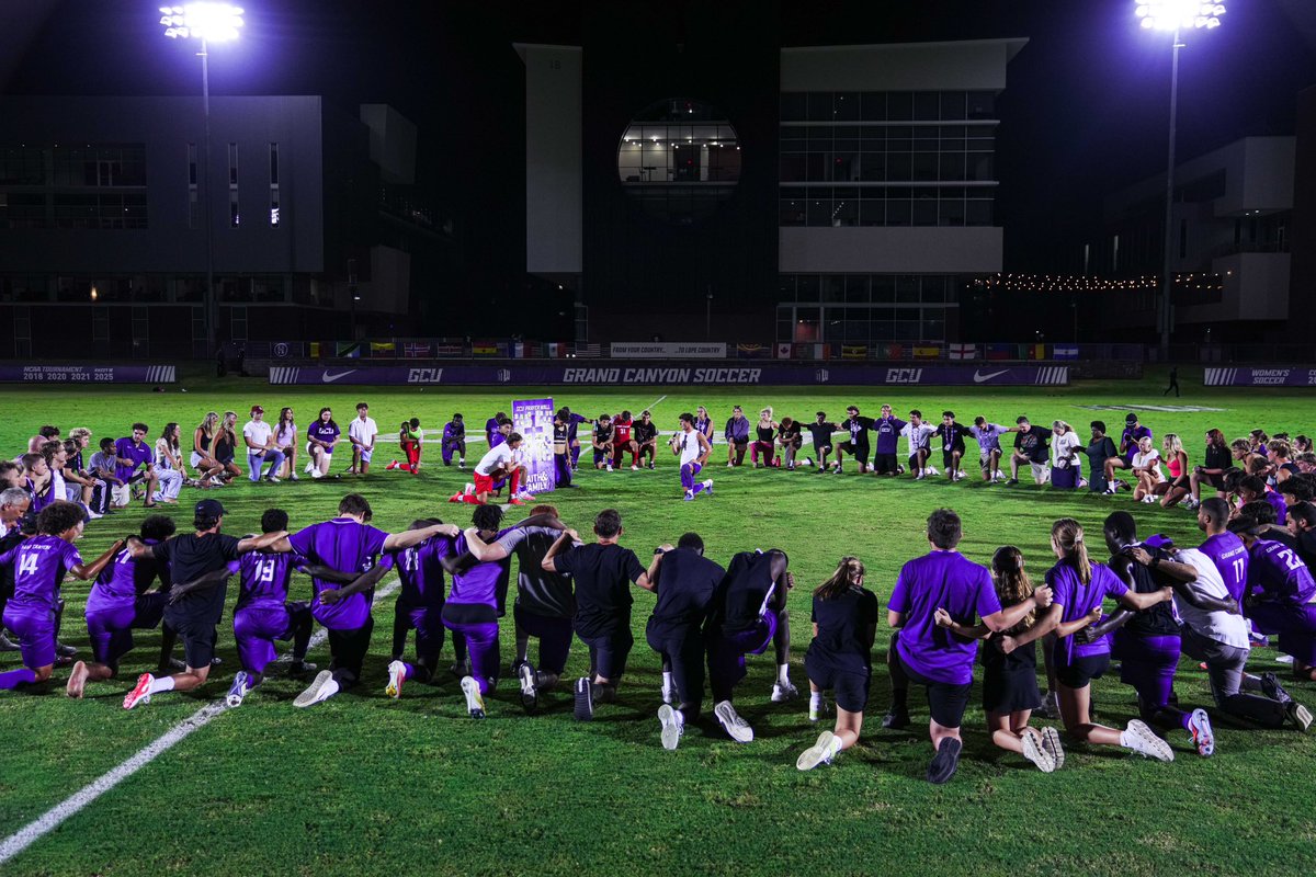 GCU_MSoccer's tweet photo. “For where two or three gather in my name, there am I with them.” Matthew 18:20

Our Prayer on the Pitch with fans, friends and teammates led by Owen Moore &amp; Marcus Von ✝️ https://t.co/iztDJvZLrm