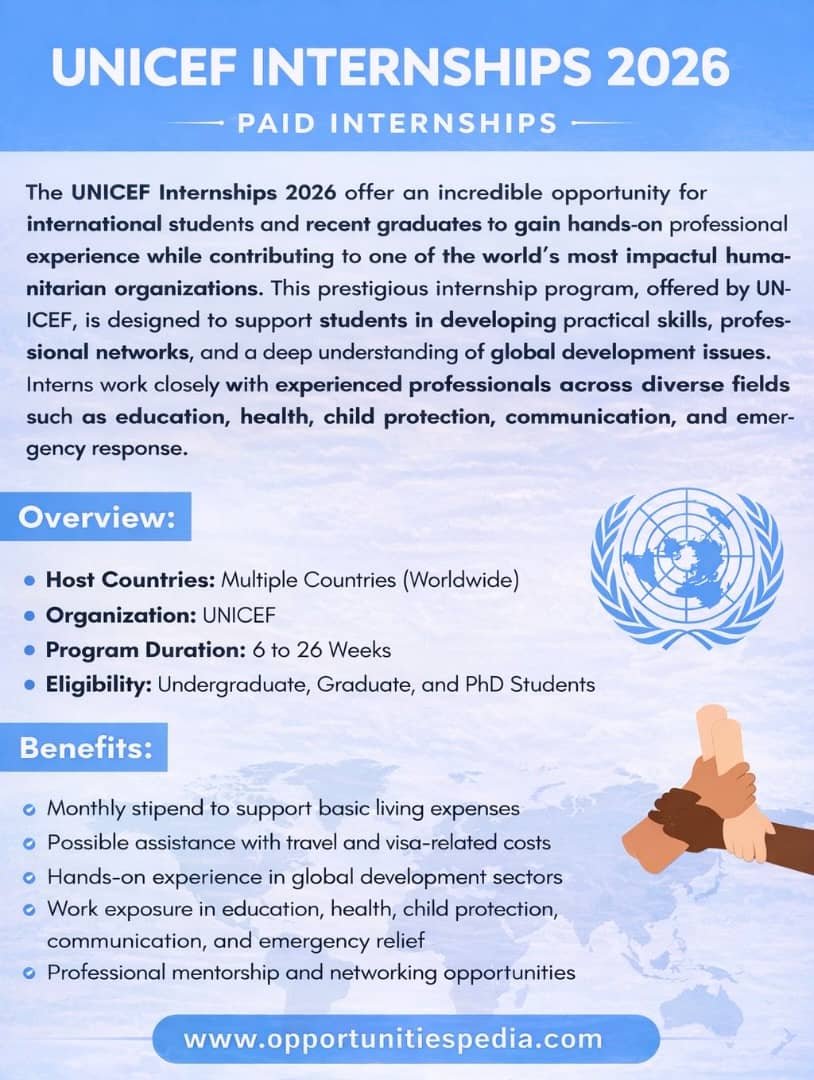 That_Faysal's tweet photo. UNICEF Internships 2026 | Paid Internships

🏛️ Organization: UNICEF
🌐 Locations: UNICEF Offices Worldwide
⏳ Duration: 6–26 Weeks
🎓 Who Can Apply: Undergraduate students, Graduate students & Recent graduates

✨ Internship Benefits:
✅ Monthly stipend (financial support)
✅ Work with a United Nations agency
✅ International professional experience
✅ Exposure to global development, humanitarian & policy work
✅ Networking with professionals from around the world

🗓️ Deadline: Varies by internship

Details link: https://t.co/4eRs2YK271…

💬 Tag a student or graduate who wants to work with the United Nations!

🔖 #UNICEFInternship #UNInternships2026 #PaidInternship #GlobalOpportunities #OpportunitiesPedia