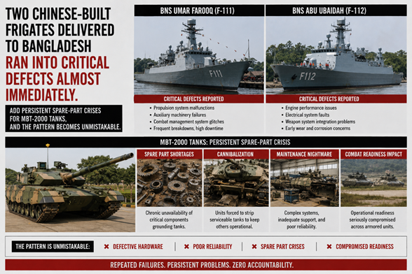 Bhasundara1's tweet photo. Two Chinese-built frigates delivered to Bangladesh BNS Umar Farooq and BNS Abu Ubaidah ran into critical defects almost immediately after arrival. Add persistent spare-part crises for MBT-2000 tanks, and the pattern becomes unmistakable. Pak Junk Weapons https://t.co/TlkGO4lgJl